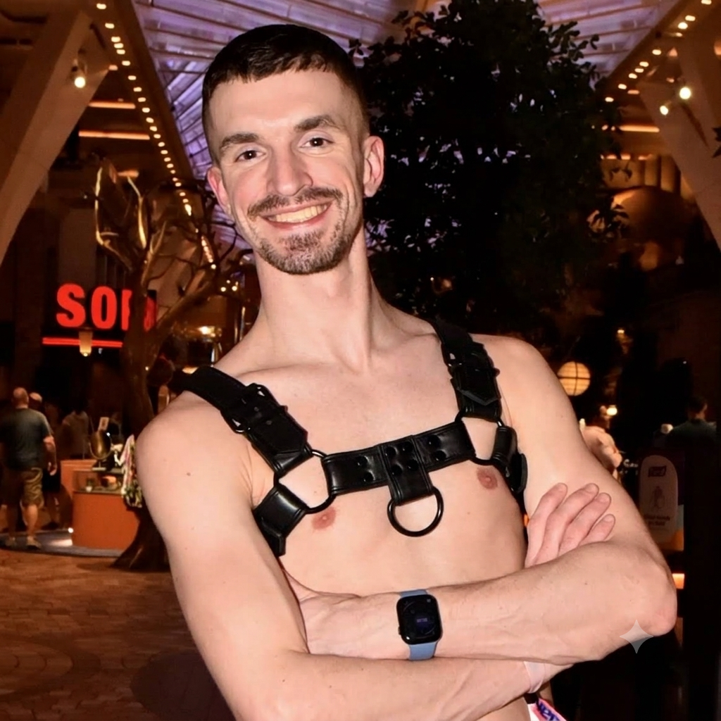 Kellpole smiling in a black leather harness